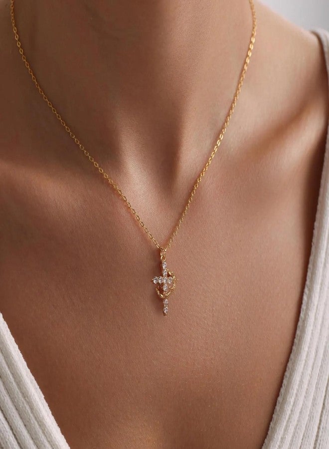 Moodear Cross Necklace for Women Trendy 14K Gold Plated Cross Pendant Necklace Dainty Crown Cross Charm Necklace for Women Fashion Religious Simple Gold Jewelry Gift - Image 2